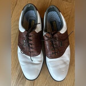 FOOTJOY DRYJOY GOLF WHITE/CROCODILE BROWN SHOES WITH CLEATS/SPIKES (12)